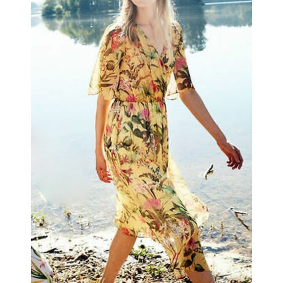Zara Floral Yellow Chiffon Midi Dress Zara Floral Yellow Chiffon Midi Dress